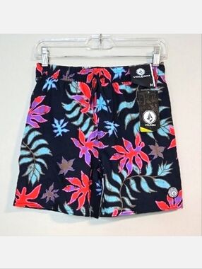 Volcom Boys Navy, Red, & Aqua Floral Swim Trunks, Size 10 ~ NWT
